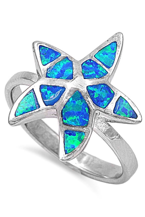 Starfish Blue Simulated Opal Ring Sterling Silver Size 5