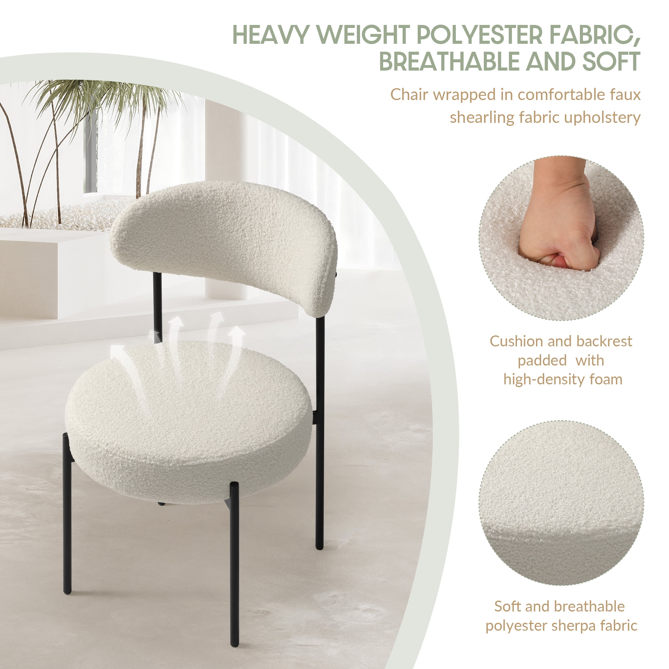WestinTrends Alexandria Mid-Century Modern Upholstered Sherpa Round Dining Chairs (Set of 6), Cream