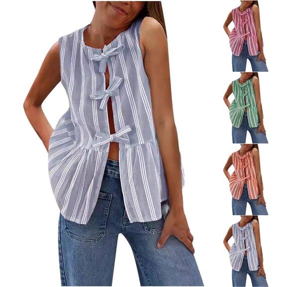 YHAJDS Womens Sleeveless Sweater Vest Stripe Print Shirt Cardigan Ruffle Hem Round Neck Casual Layering Top