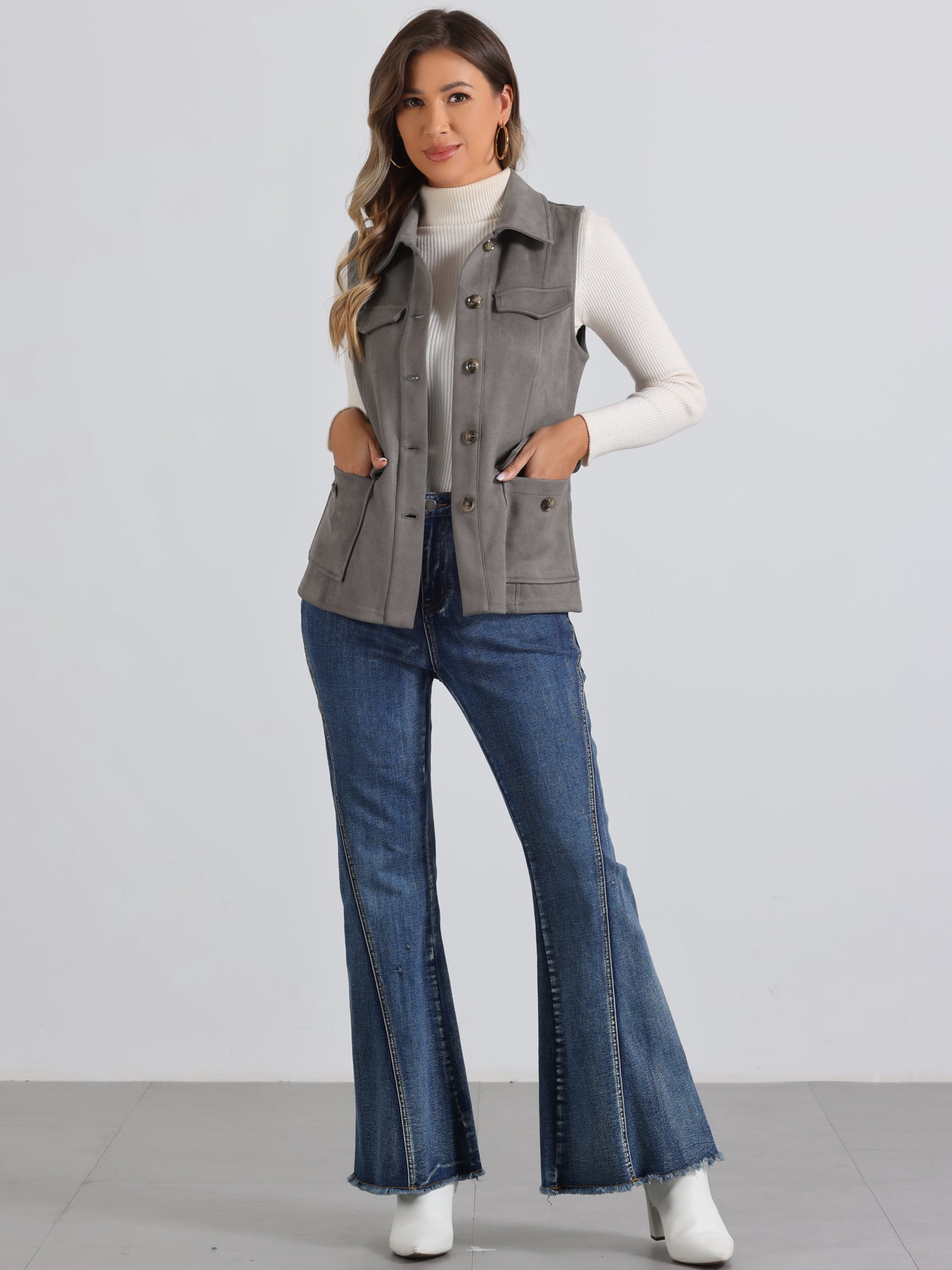 DARING DIVA Women's Rustic Button Up Utility Anorak Cargo Vest S Dark Grey