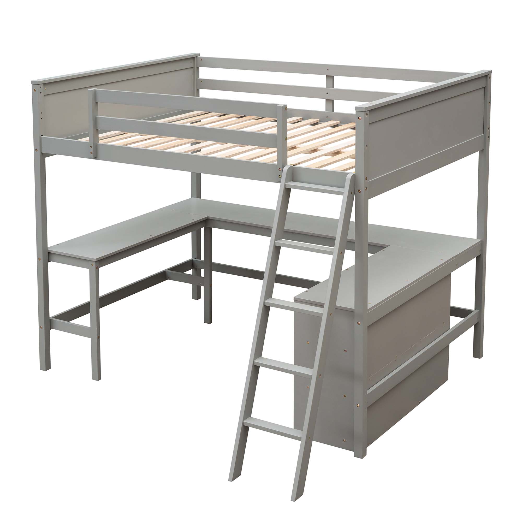 Aukfa Full Size Loft Bed with Desk and Shelves, Solid Wood Platform Loft Bed for Kids Teens Dorm - Gray