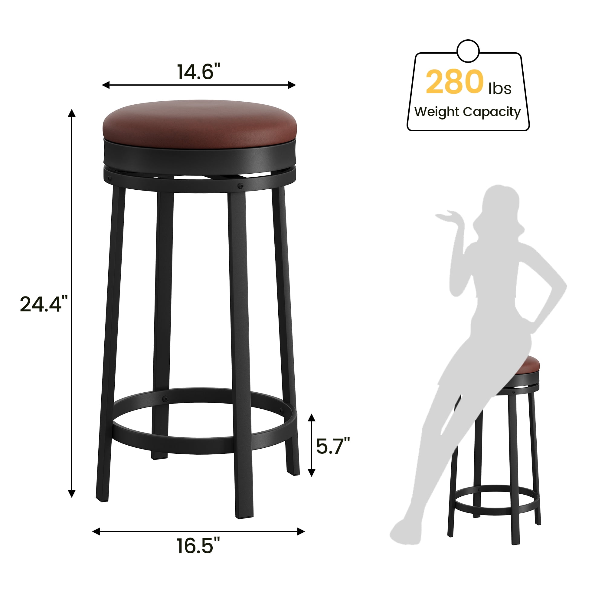 Bar Stools Set of 2, 24" Modern Swivel Barstools with Footrest, Modern Counter Height Barstools with PU Leather Upholstered and Metal Frame, for Kitchen Island, Dining Room, Home Bar