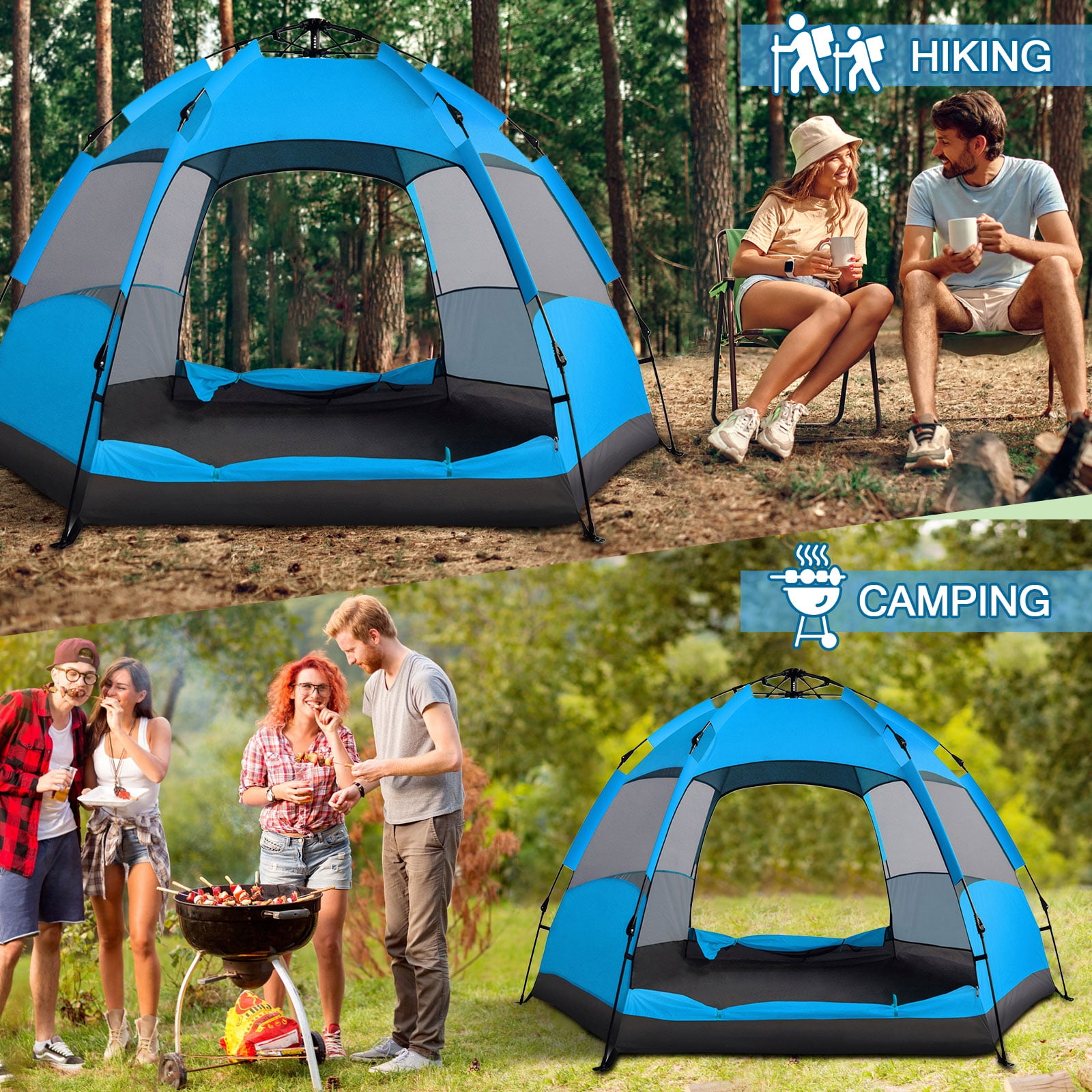 TOPCHANCES Outdoor Camping Tent for 3-4 Person, Automatic Pop Up Instant Tent with Rainproof Cover and Inflatable Pillow, Portable Waterproof Windproof for Family Hiking, Car Trip - Blue #B