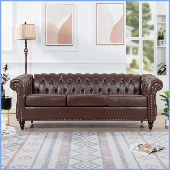 Dark Brown PU Leather Chesterfield Three-Seater Sofa - 84.65" Wide Living Room Sofa with Rolled Arms & Pocket Springs