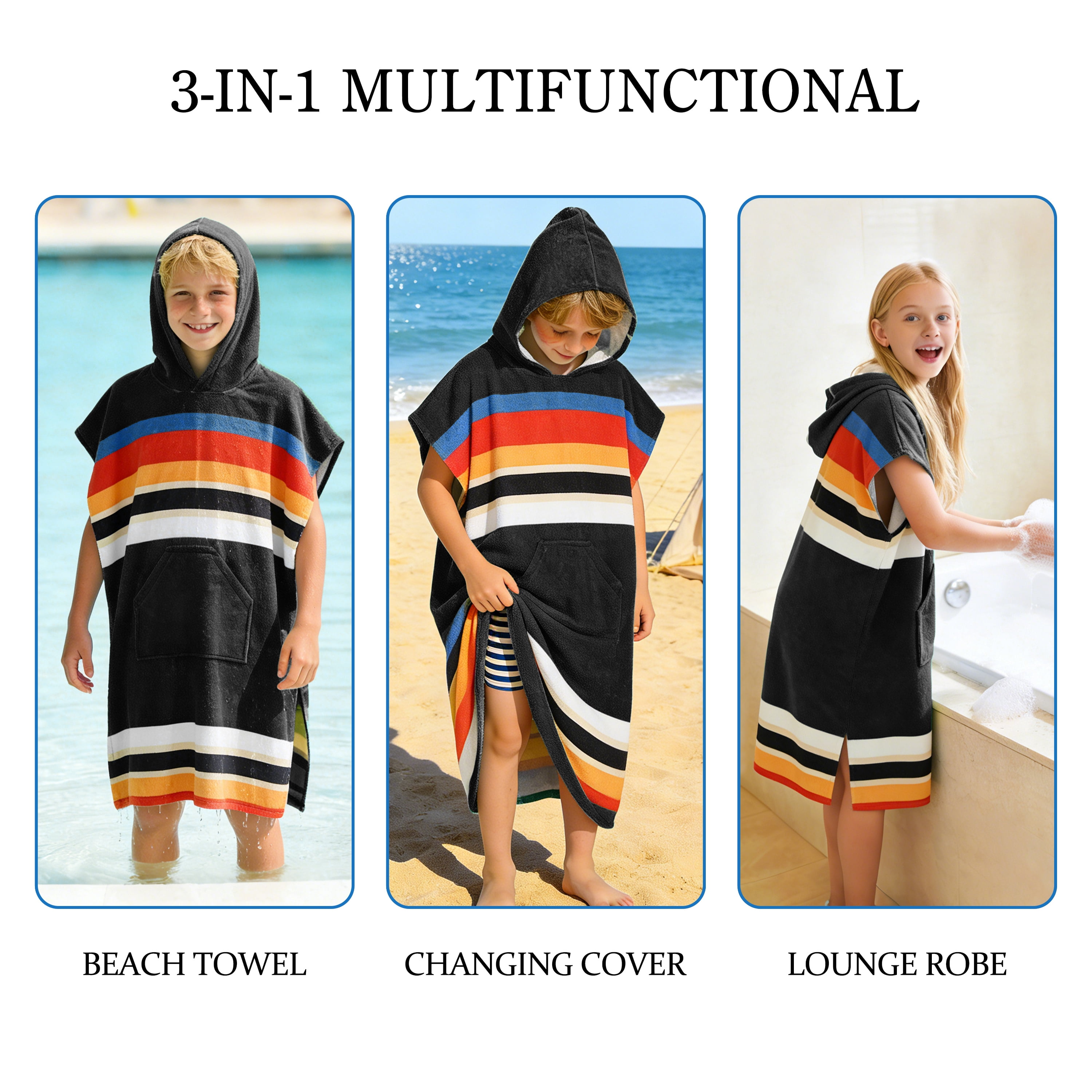 Catalonia Kids Hooded Poncho Towel, 100% Cotton Absorbent Changing Robe for the Beach, Pool, and Bath, Cute Gifts for Childrens (Boys and Girls), Black Stripe