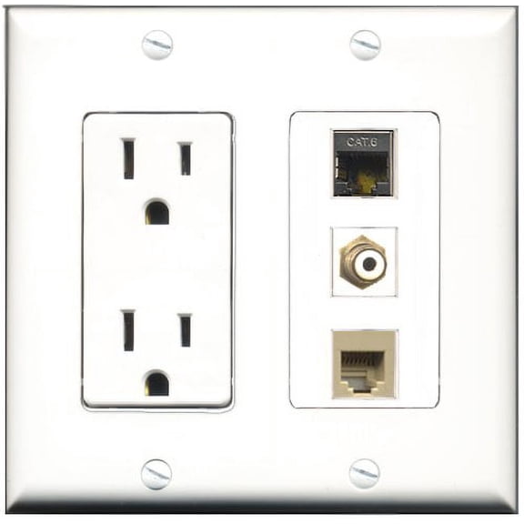 RiteAV - 15 Amp Power Outlet 1 Port RCA White 1 Port Phone Beige 1 Port Shielded Cat6 Ethernet Ethernet Decorative Wall Plate
