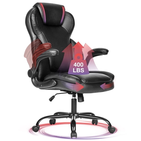 JONPONY Big and Tall Office Chair 400lbs Capacity, Ergonomic Leather High Back Executive Desk Chair with Tilt, Rock Tension Adjustment, Extra Wide Seat, Padded Armrests, Black