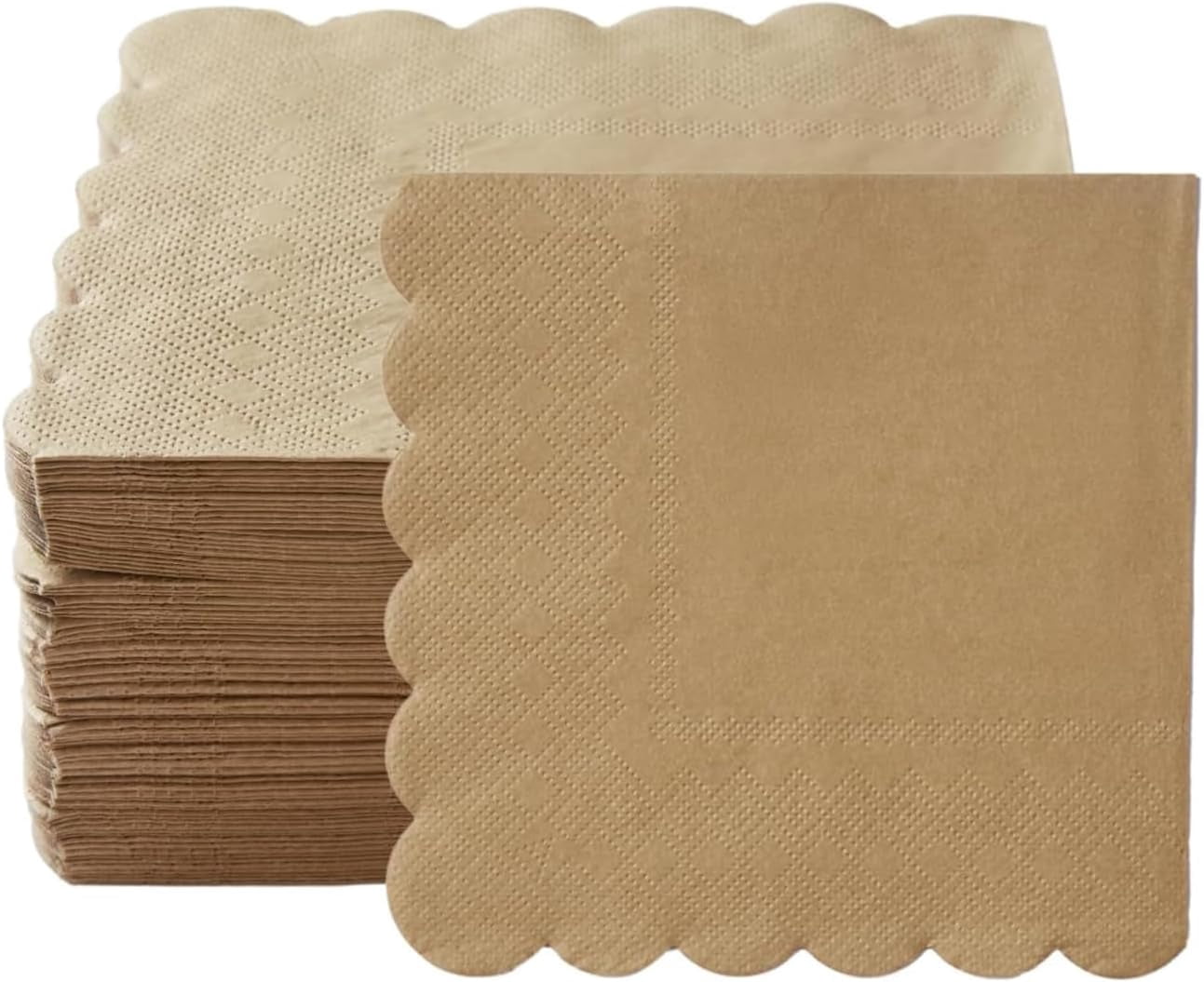 200 Pack Cocktail Napkin 2-Ply Scalloped Edged Dessert Napkins Folded 5 x 5 Inches Disposable Napkins for Dinner Wedding Birthday Party Bridal Anniversary Reception Event (Brown)
