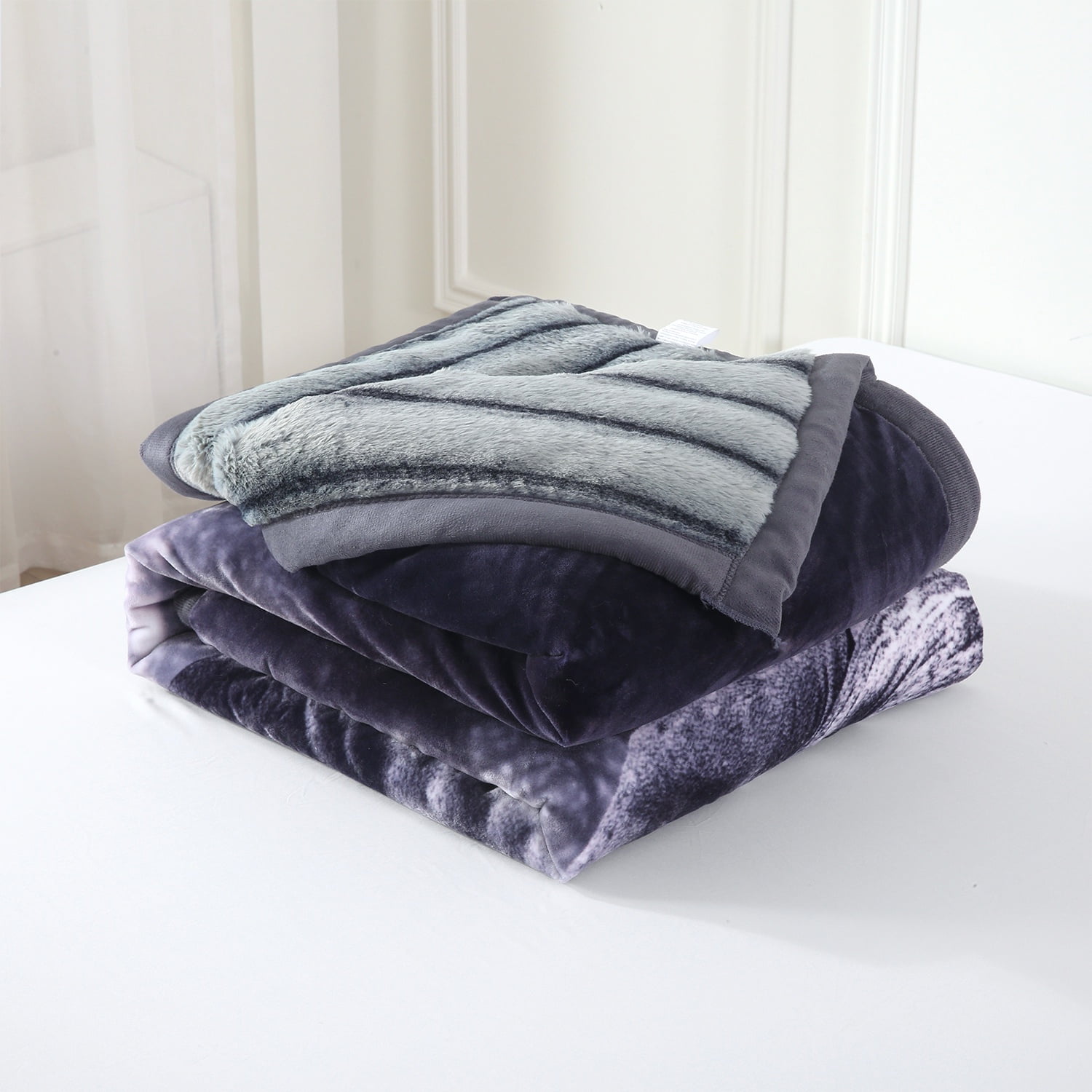 NC Faux Fur & Warm Fleece Blanket King Size 85"x93", A & B Printed Patterns 3-Ply Heavy Thick Microfiber Plush Blanket 8.5LB, Elephant & Dark Green