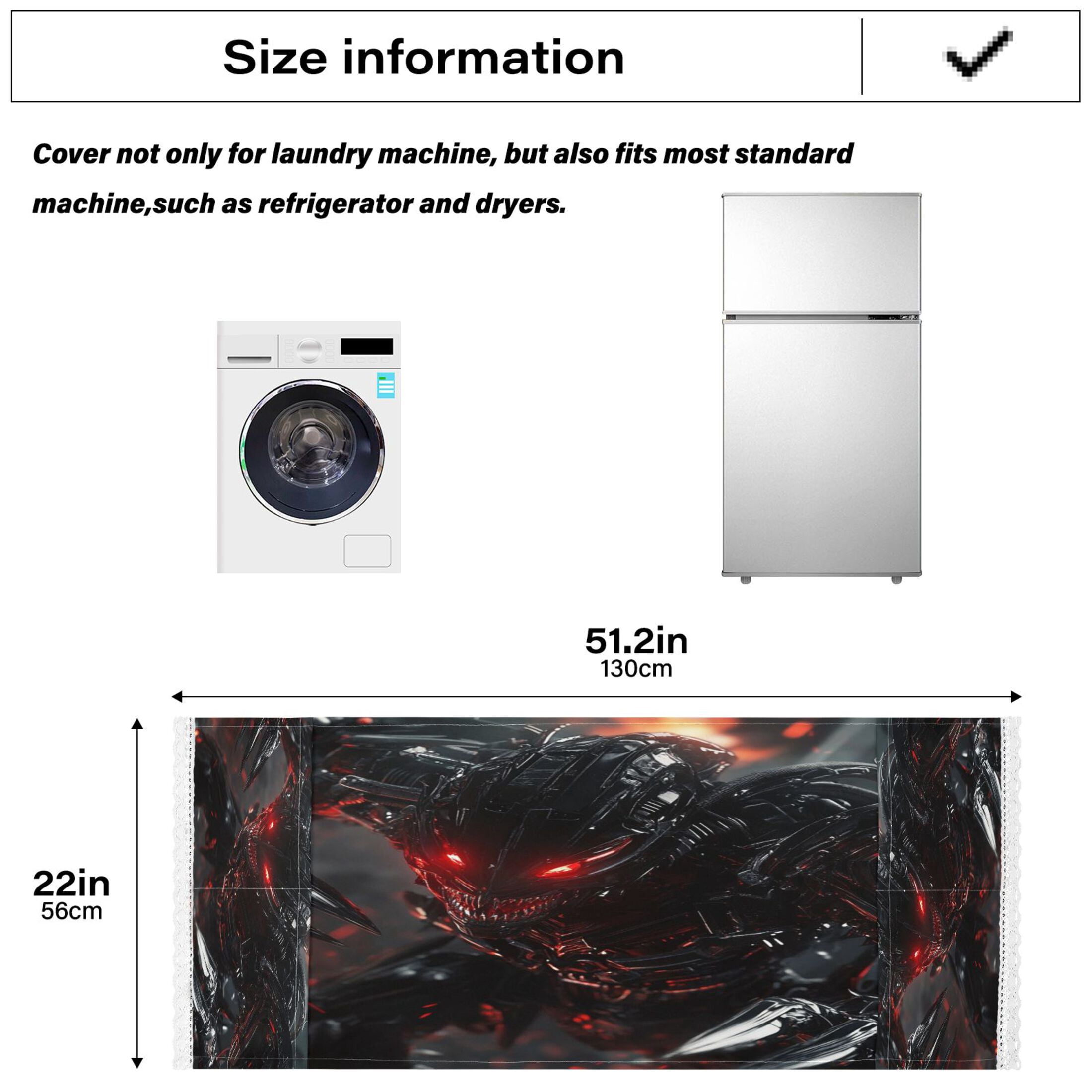 Washing Machine Cover 51.2x22in, Durable Polyester Dust Cover with Lace Trim and Side Pocket for Appliances Red Eyes Robot