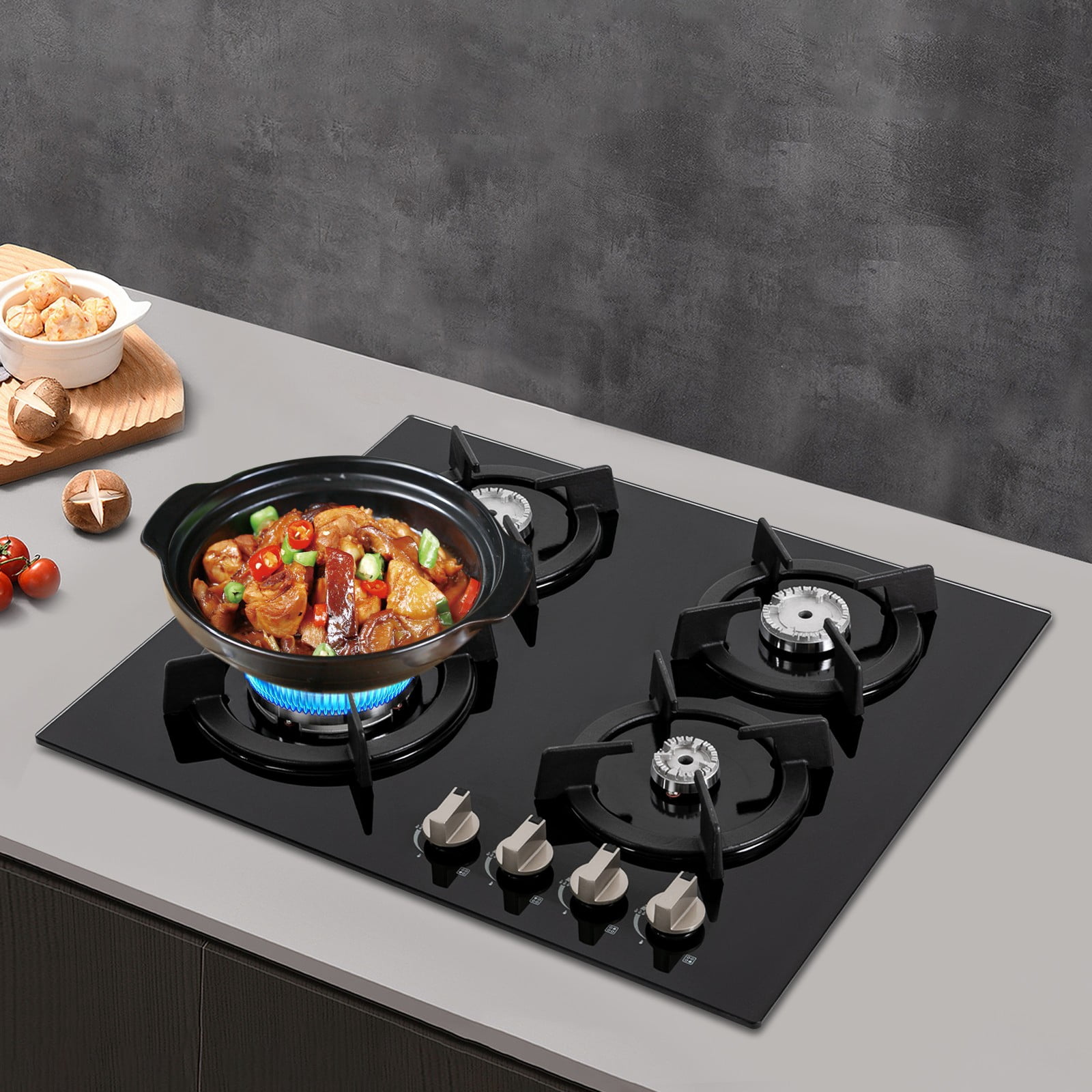 23.23*20.08in Gas Cooktop Stove Top 4 Burners NG/LPG Built-in Kitchen Gas Stove Tempered Glass Black