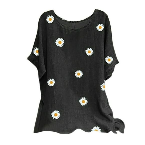 Prime Same Day Delivery Items Woman Vintage Cotton-Blend O-Neck Short Sleeve Floral Print Top T-Shirts Blouse