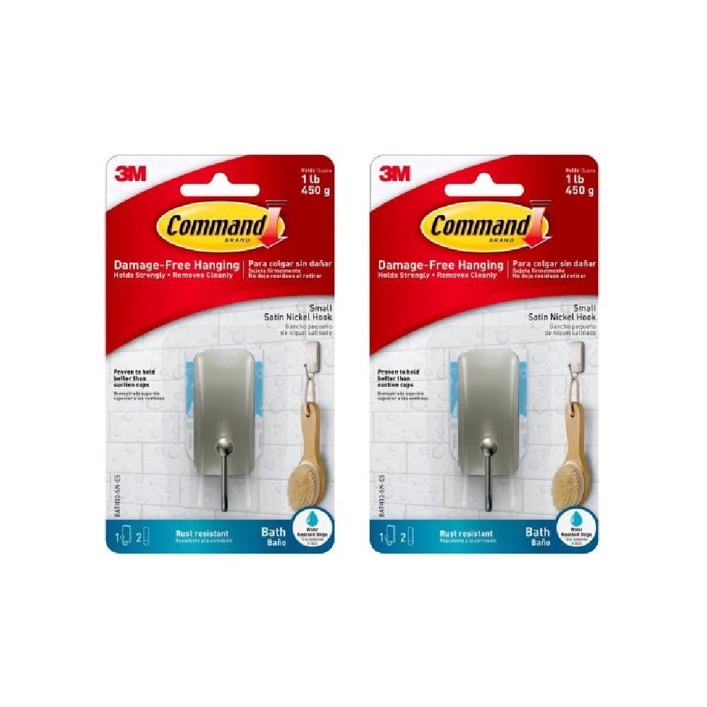 Command Bath Small Hook Satin Nickel 1 Hook 2 Strips, 2-Pack