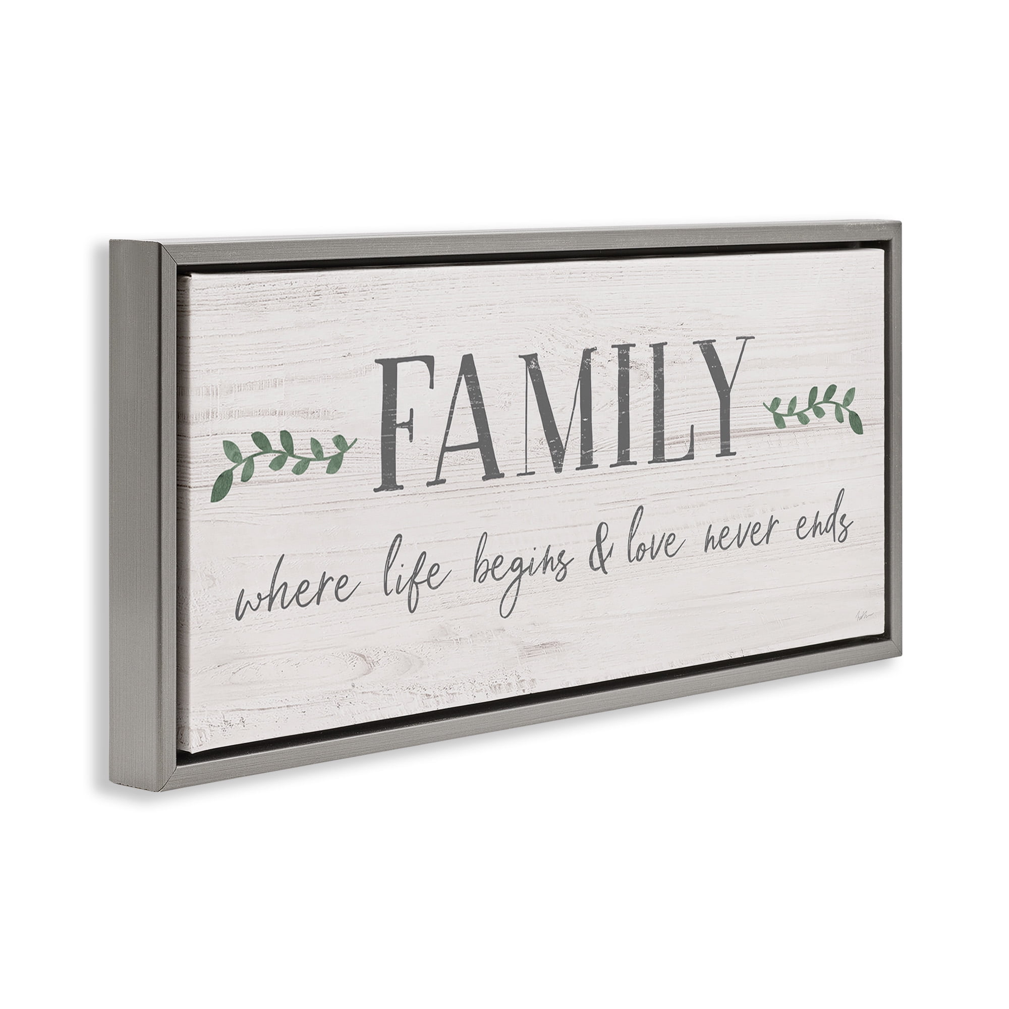 Stupell Industries Love Never Ends Family Phrase Inspirational Painting Gray Floater Framed Canvas Art Print Wall Art, 31 x 14