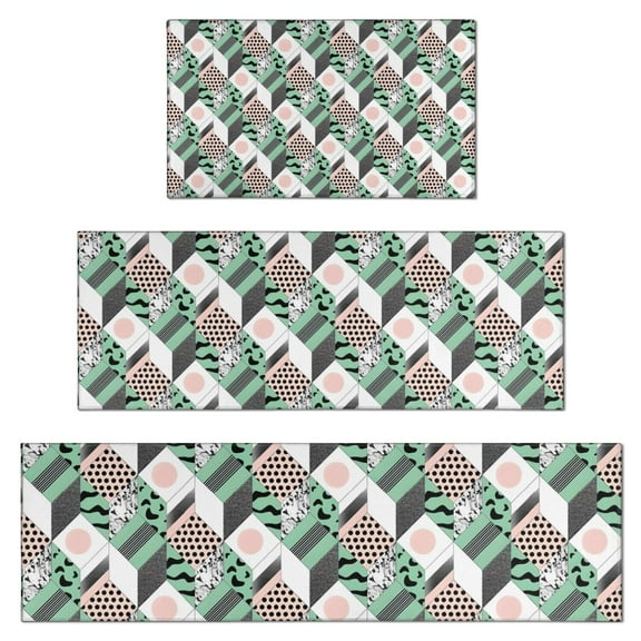 Green Pink Geometric Pattern Kitchen Rugs Sets Of 3,Kitchen Runner Rugs Non Skid Washable,Decorative Kitchen Floor Mats for Kitchen,Sink,Laundry,17"x30" 17"x47" 17"x59"