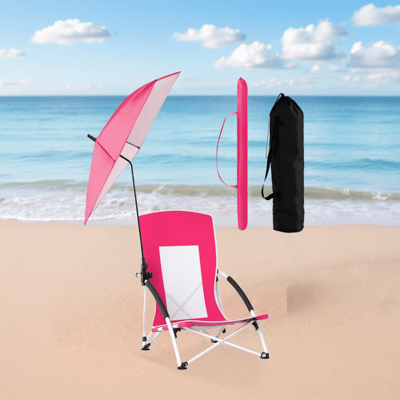2-Pack Pink Beach Chairs with Adjustable Umbrella, Portable Backpack Folding Chairs with UPF 50 Sun Protection for Adults, Camping and Outdoor Events