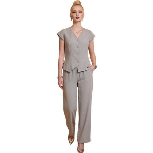 Conjunto 2 Piezas Elegante, Chaleco con Botones y Pantalón de Pierna Amplia, Look Sofisticado para Mujer