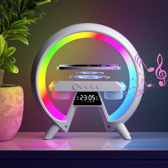 Multifunction Bluetooth Speaker with RGB Mood Lights and Large LED Display, 10W Qi Wireless Charger, Bluetooth 5.3, TWS Pairing, AUX and TF Card Support for Home Office Desk and Gift (White G, 3)