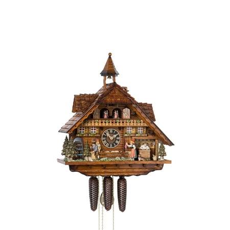 Cuckoo Clock Black Forest house Clockmaker's Workshop with moving clockmaker, clock peddler, Black Forest woman, mill wheel and illuminated windows
