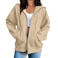 thumbnail image 2 of Hoodie Dqueduo Women's Solid Color Full-Zip Hooded Long-Sleeve Sweatshirt Cardigan with Pockets Beige L, 2 of 8