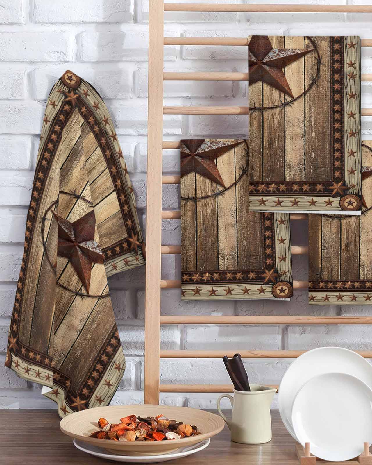 Western Farmhouse Kitchen Dish Towels for Drying Dishes Set of 2, Rustic Country Texas Star Retro Waffle Weave Microfiber Terry Hand Tea Bathroom Towels Quick Dry & Absorbent Towel 15.7x23.6