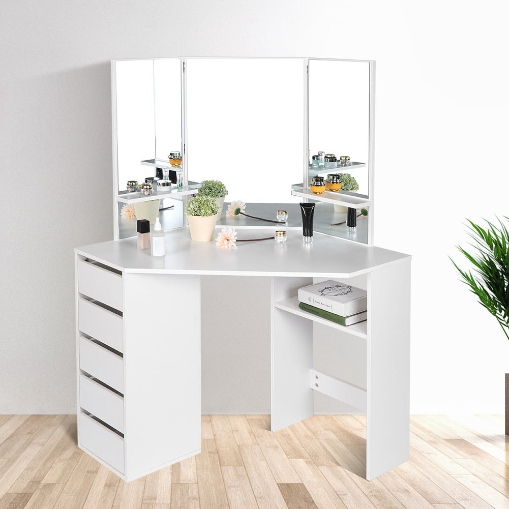 Details about   Folding Mirror Vanity Set Dressing Table Makeup Desk 5 Drawers with Stool White 