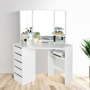 Zerone White Corner Vanity Table Dressing with Three - Fold Mirror, Space Saving Makeup Desk Dressing Table with 5 Drawers & Storage Cabinet