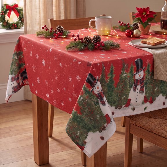 Sm:)e Christmas Tablecloth 60 x 84 Inch Rectangular, Snowman Cardinals Red Xmas Winter Table Cover