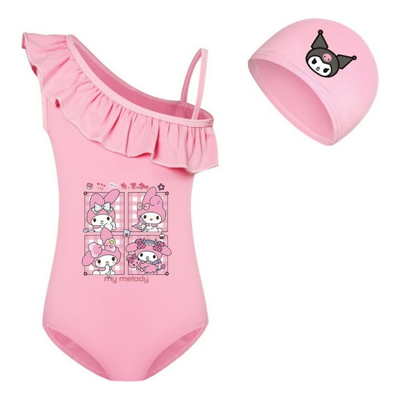 Girls My Melody Bathing Suit with Swim Cap – Kids One-Shoulder Ruffle Anime Swimsuit for Summer