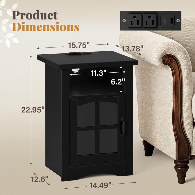 Lacoo End Table with LED Lights & Power Outlet, Side Table with Glass Door for Living Room, Nightstand with Storage for Bedroom, Black