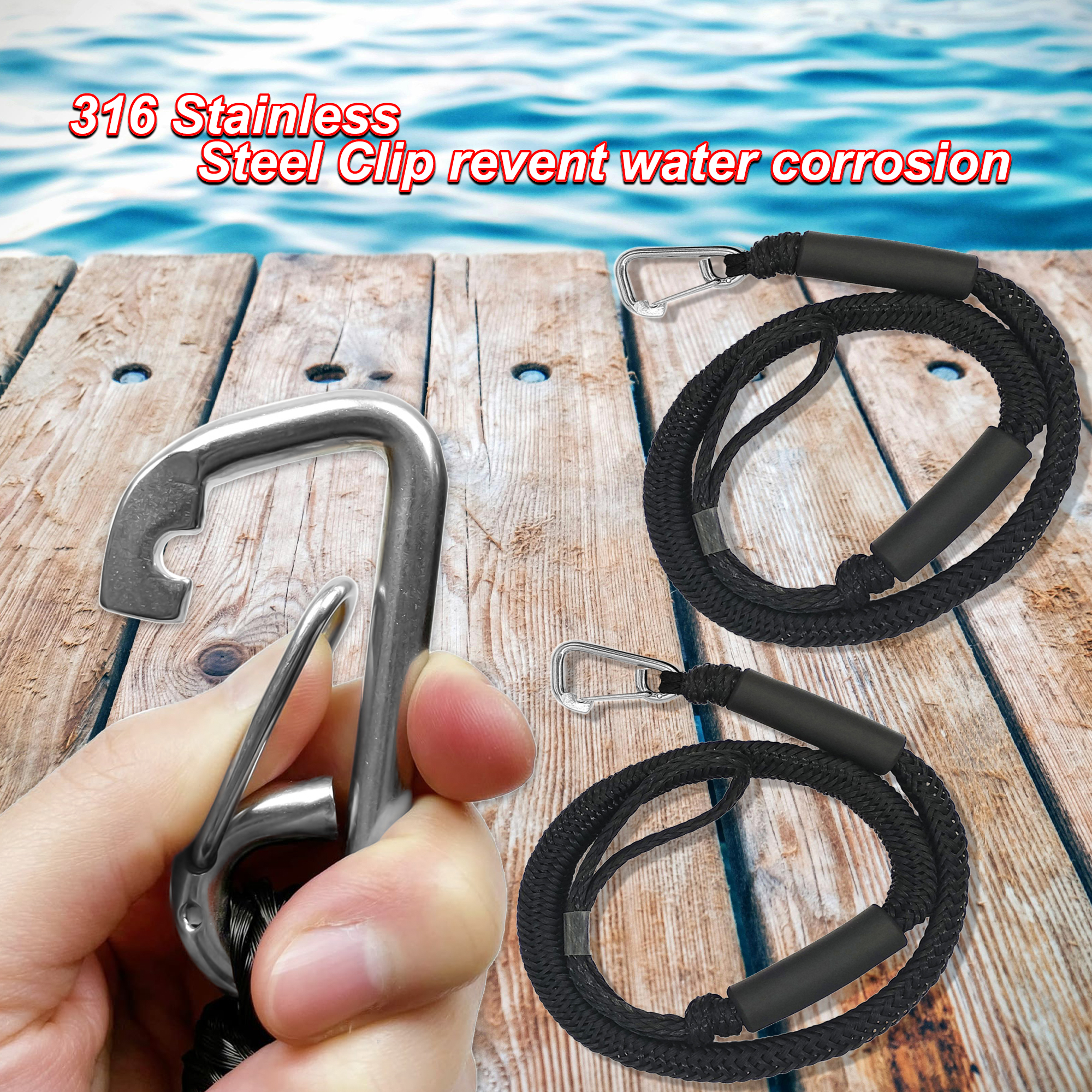 3FT Bungee Dock Line with Built-In Snubber - Essential Mooring Accessories for Kayaks, Jet Skis, Pontoon Boats, Canoes, and More - 2 PCS Black
