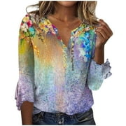 NEBZCIV Womens Ruffle 3/4 Sleeve Tops Graphic Blouses Printed V Neck Loose Fit Pullover Sweatshirt Casual T Shirts Tees (X-Large, Yellow)