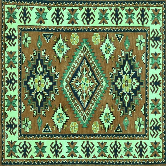 Ahgly Company Machine Washable Indoor Square Geometric Turquoise Blue Traditional Area Rugs, 4' Square