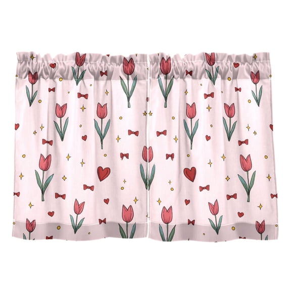 Linen Kitchen Curtains Pink Tulip Pattern Tier Curtains Tier Kitchen Living Room Bedroom Balcony 2 Panels 27x24 Inch