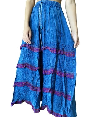 Mogul Women Maxi Skirts, Blue Bohemian Tiered Skirts, Fall Summer Beach Casual Boho Long Skirt M