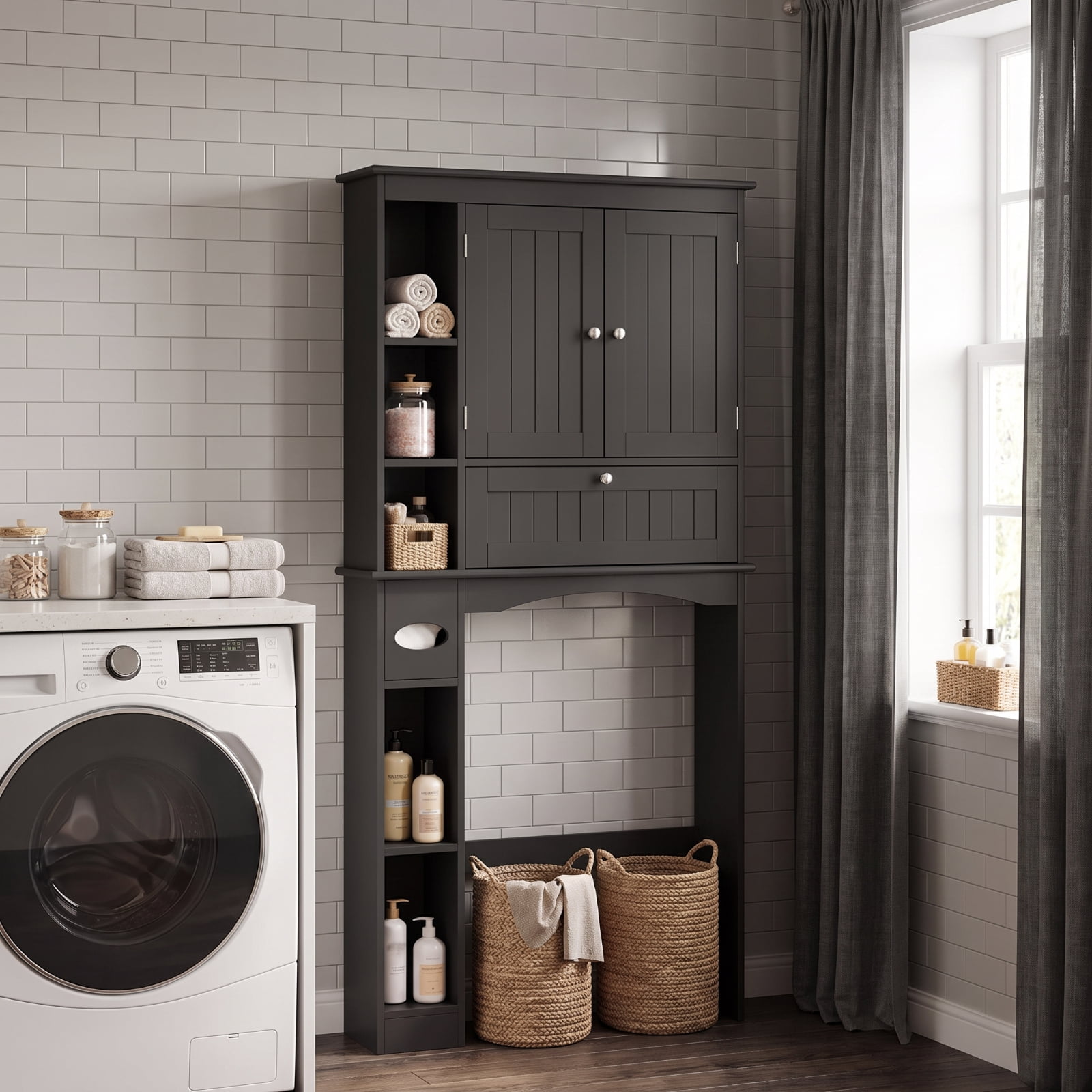 Vebreda Over-the-Toilet Storage Cabinet, Freestanding Bathroom Space Saver with 2 Cabinets, 5 Open Compartments and Height-Adjustable Bottom Bar, Tissue Box Slot, White and Black