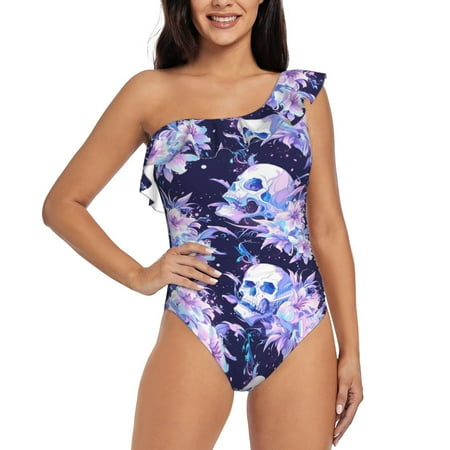 Gukieu blue starry sky Skull flower Print One-shoulder Ruffled One-piece Swimsuit with Removable Chest Pads and Tummy-control Swimsuit for Women-X-Large