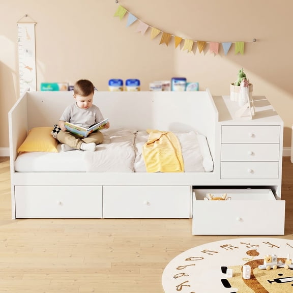 MIDOQIN 2-in-1 Convertible Baby Crib, Toddler Bed & Daybed with Changing Table, 6 Storage Drawers and Solid Wood Guardrails for Newborn to Toddler, White