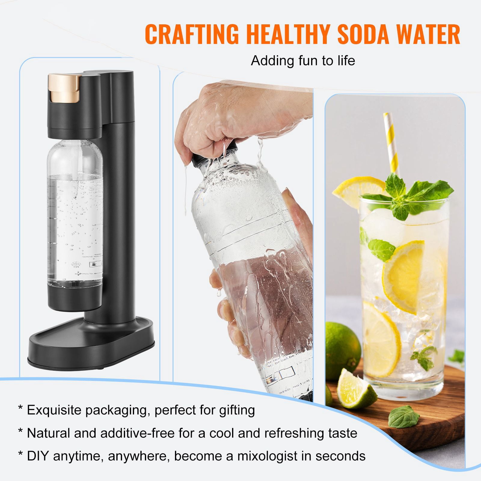 Sparkling Water Maker with 2 x 60L CO2 Cylinders, 1L PET Bottle, 3-Second Carbonation, Automatic Pressure Release for Home Soda Drinks