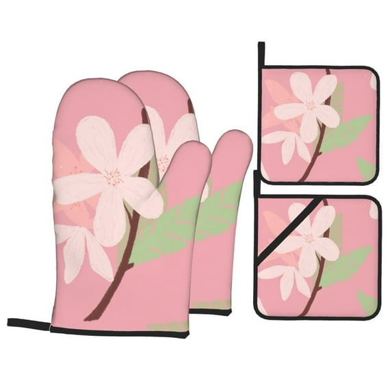YFYANG Oven Mitts and Pot Holders Sets 4 Pieces, Non-Slip Heat Resistant Pink Painted Flowers Kitchen Glove Pot Mat for Cooking and Baking