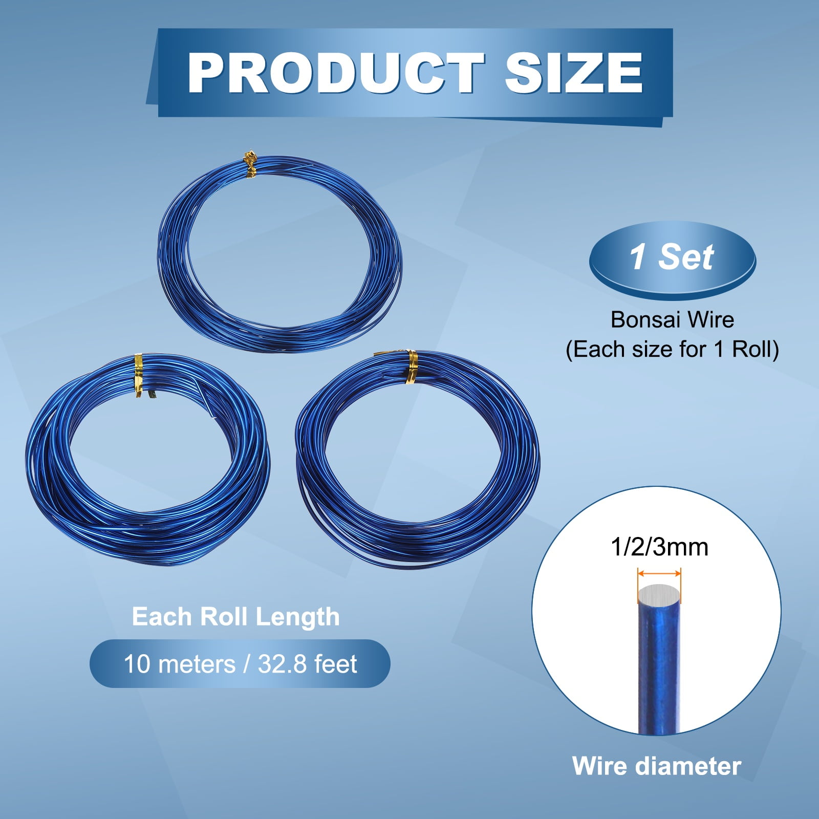 Uxcell 3 Roll Bonsai Wire 1/2/3mm Each Roll 32.8ft (10m) Anodized Aluminum Bonsai Wire for Gardening Tree Branch Fixing DIY Crafting, Sapphire Blue