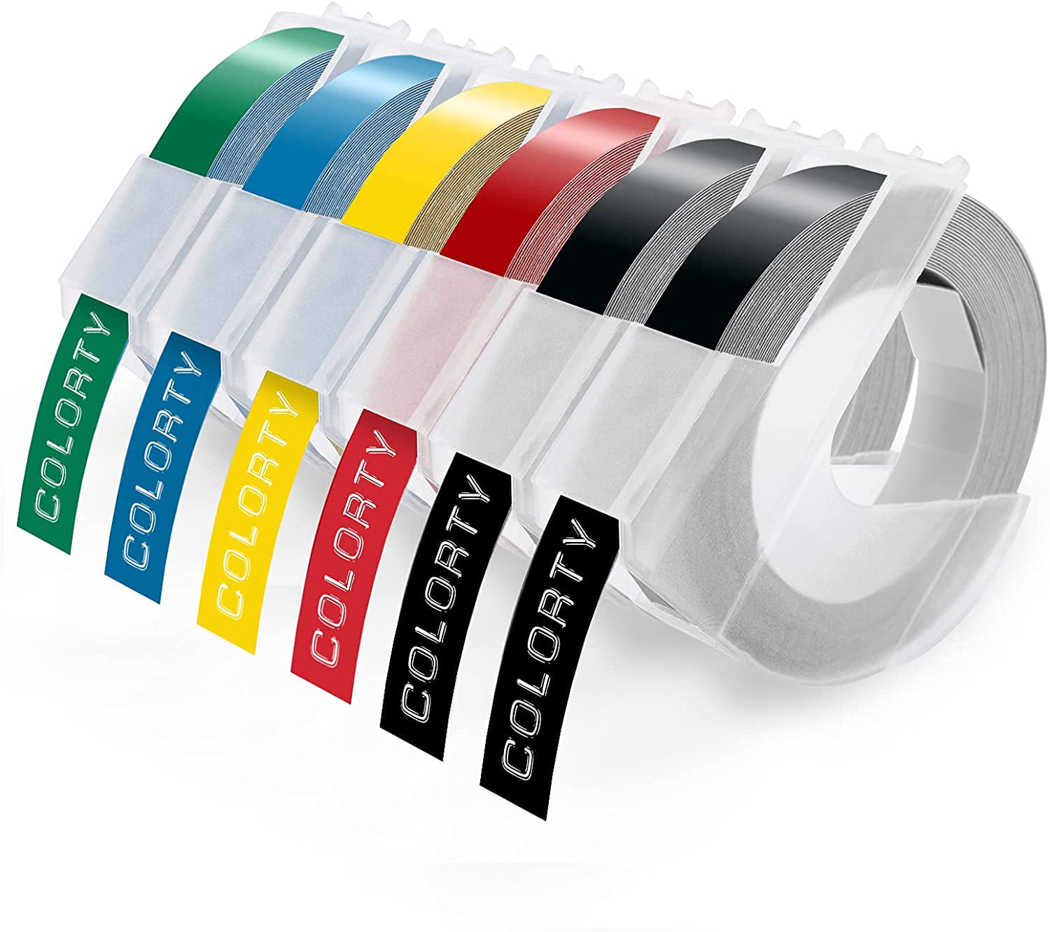 SODIAL 6 Rolls Embossing Label Tape 3D Plastic White on Black 9mm x 3meter for Dymo Embossing Label Makers 