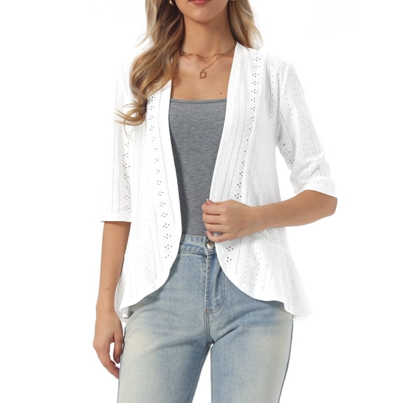 INSPIRE CHIC Cardigan for Women 3/4 Sleeve Open Front Lightweight Hollow Out Bolero Shrug S White