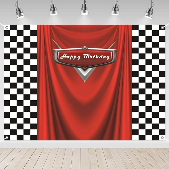 7X5ft Race Car Red Curtains Checkered Backdrop Car Birthday Party Banner Black White Banner