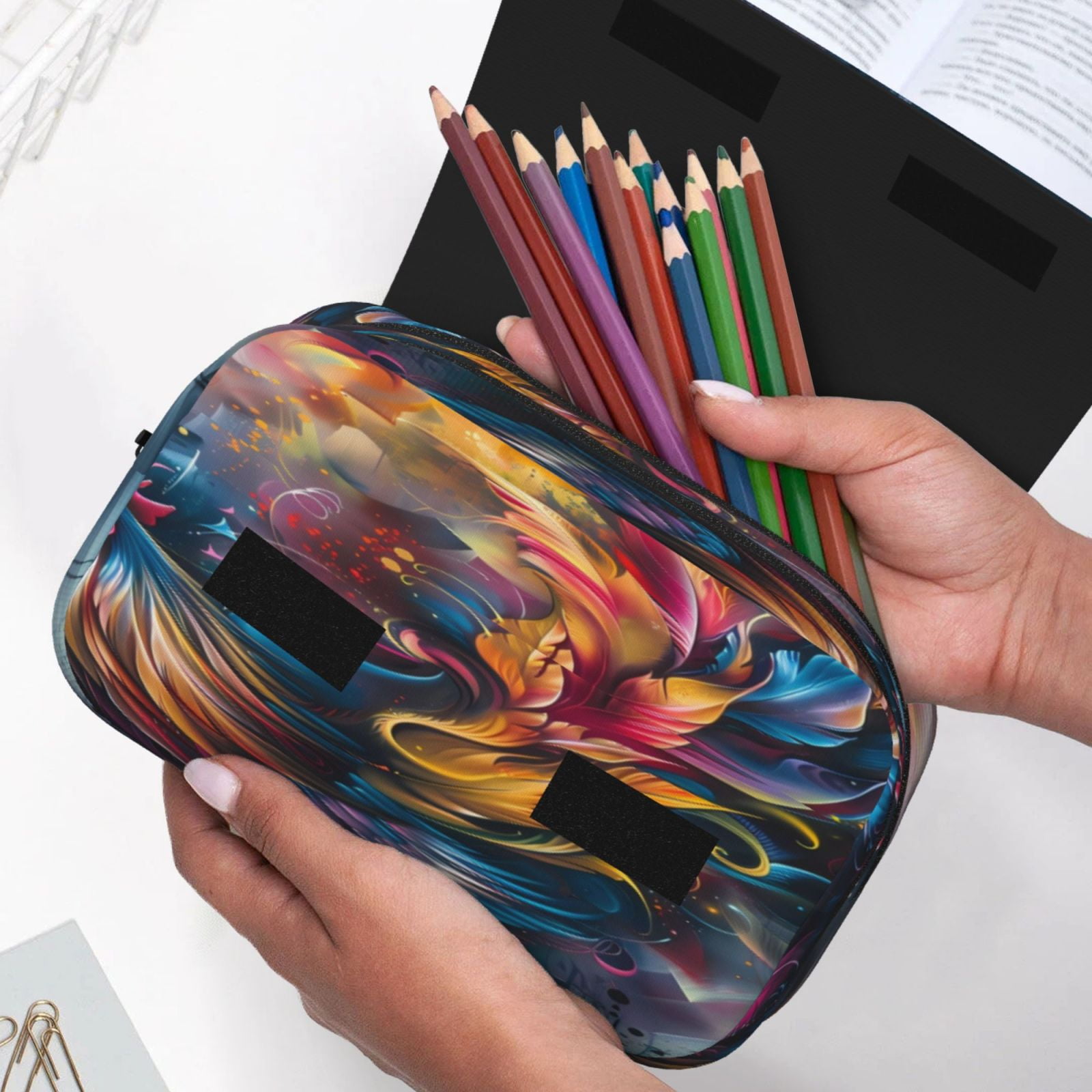 Rateoe Vibrant Rooster Painting Pattern Double Clamshell Pen Case, Storage Organizer with Two Zipper Compartments– Holds Up to 50 Pencils & Pens
