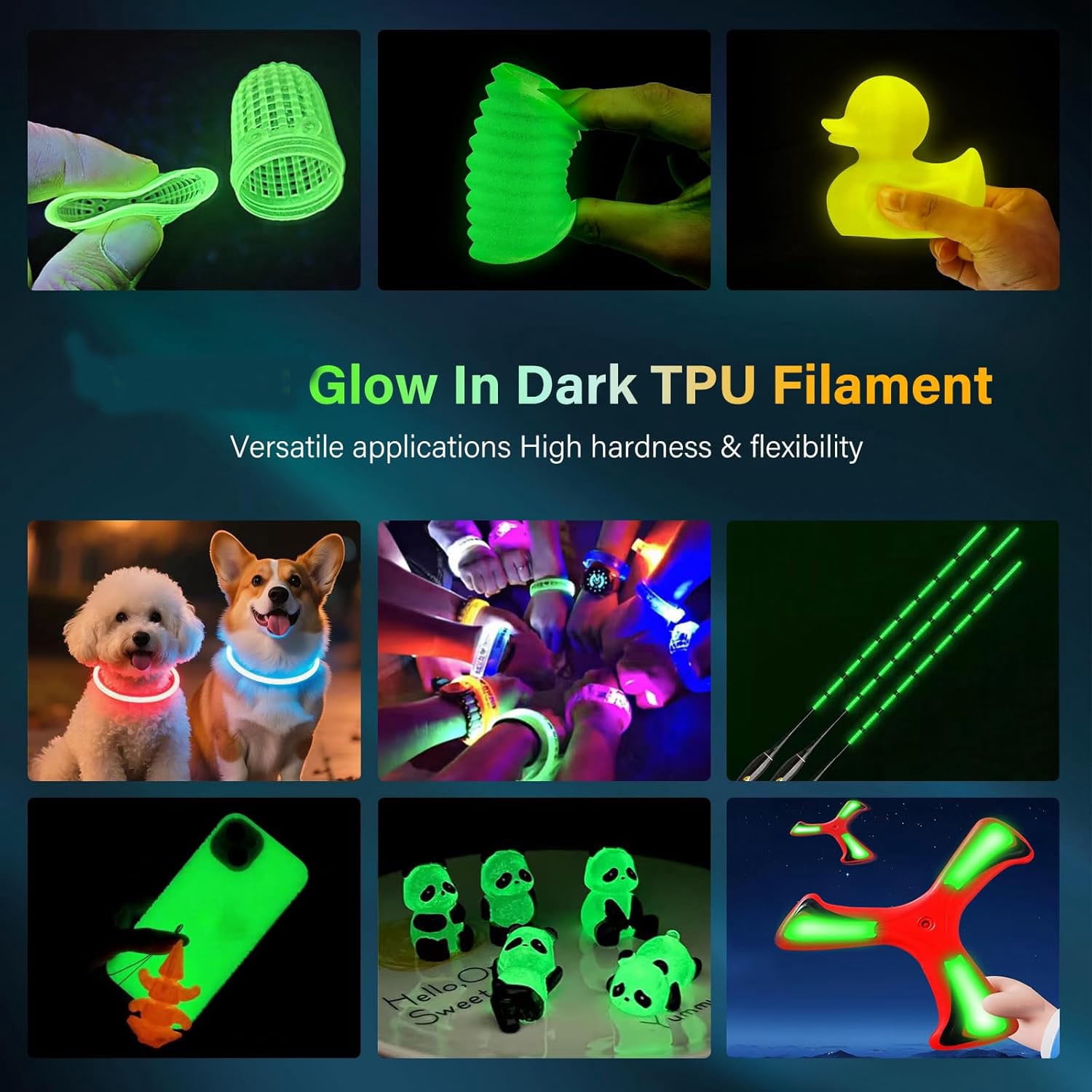 3D Printer Filament Bundle, TPU 95A, TPU Glow in The Dark Filament Blue, Green, Yellow, Purple 250 * 4 Pack, 1.75mm Halloween 3D printer filament.