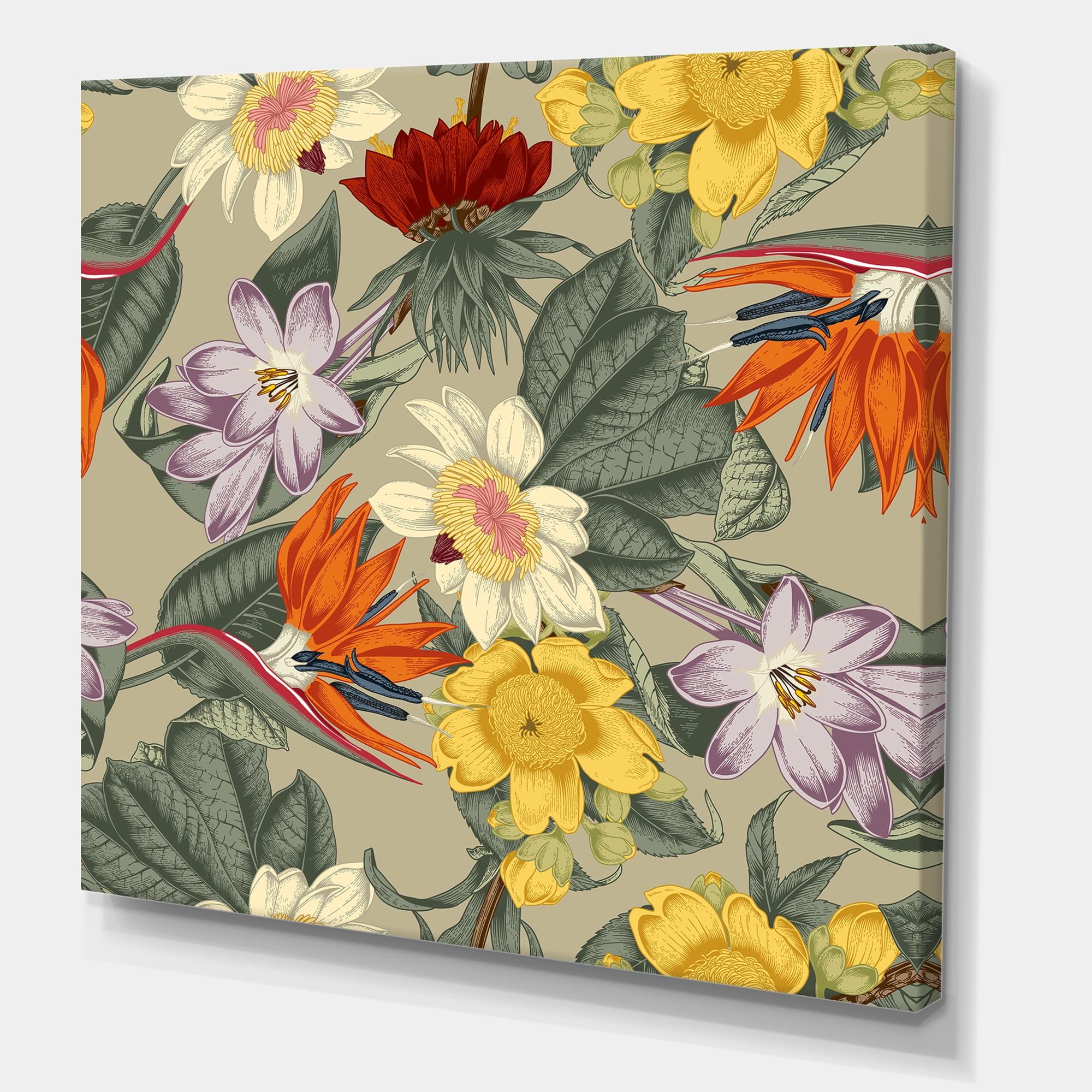 Designart ' Ancient Exotic Flowers In Orange and Yellow ' Traditional Canvas Wall Art Print