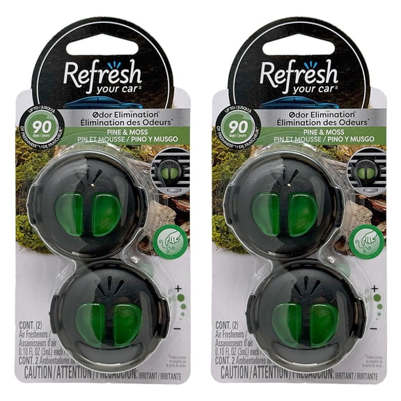 Refresh Car Air Freshener Vent Clip and Mini Car Oil Diffuser, Long-Lasting Odor Eliminator for Up to 90 days, 2 Count, Pine & Moss, 2 Packs