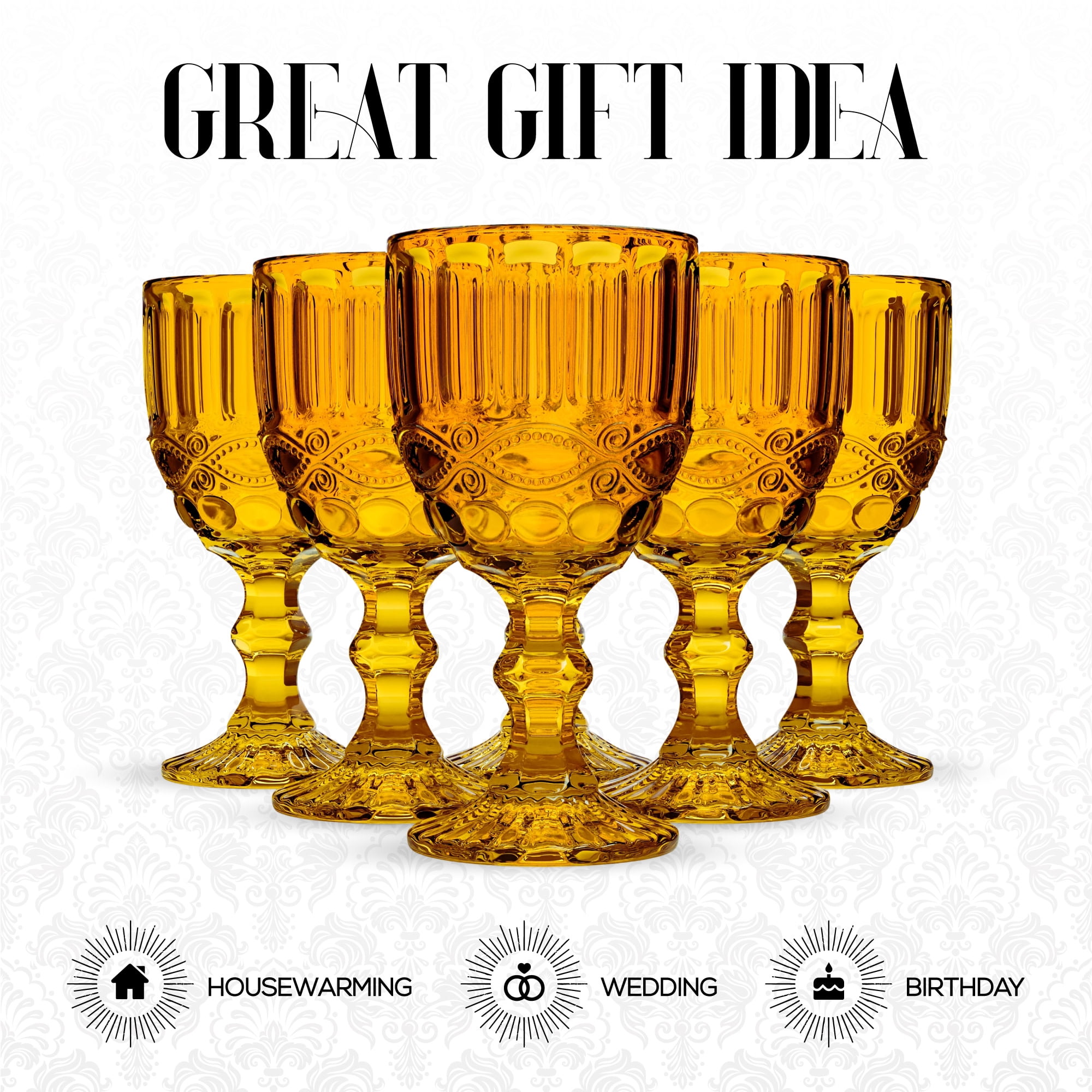 Elle Decor Stylish Glass Goblets, Set of 6 - 8.4oz Stemmed Wine Glasses for Red/White Wine - Elegant Drinkware for Entertaining, Special Occasions, Dinner Parties, Summer Celebrations (Amber)