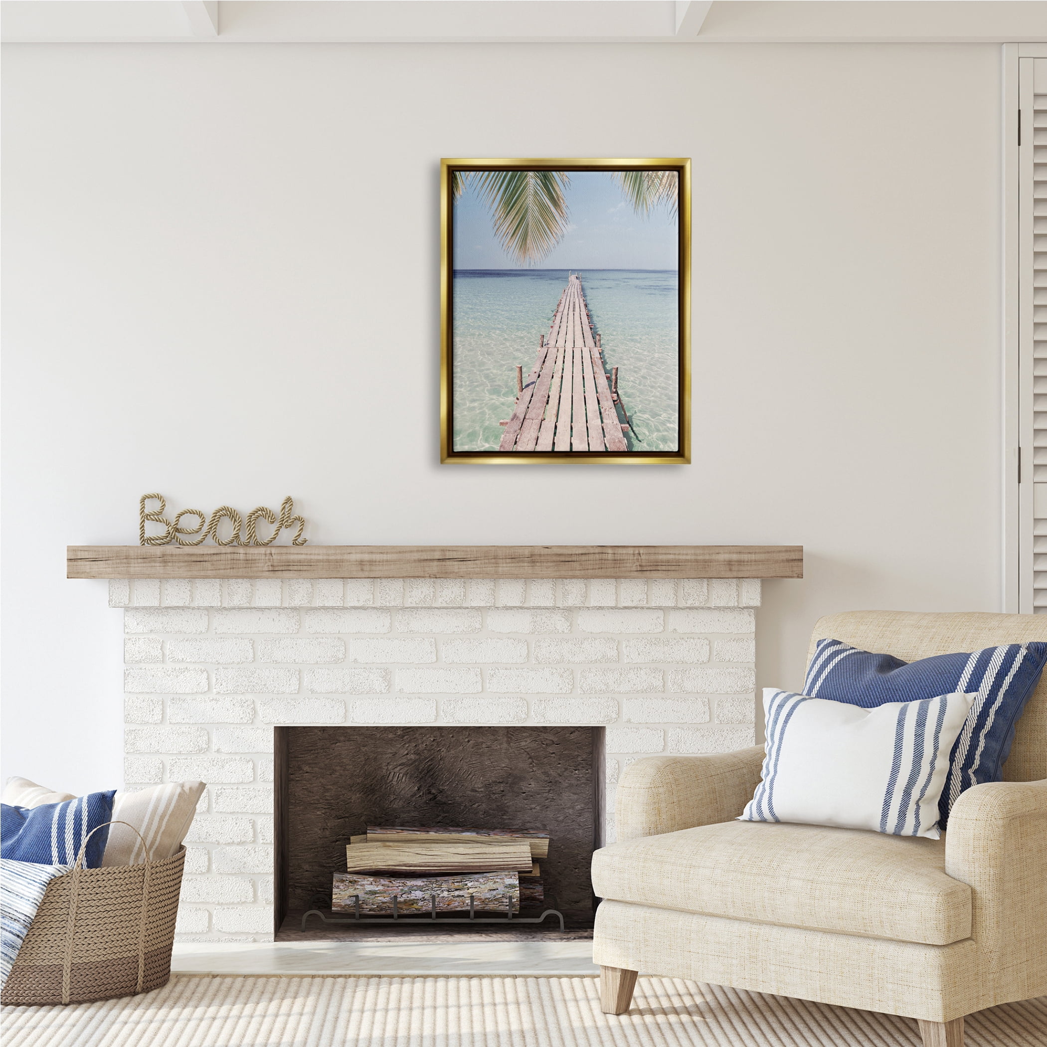 Stupell Industries Tropical Dock on Beach Nature Photography Gold Floater Framed Art Print Wall Art, 25 x 31